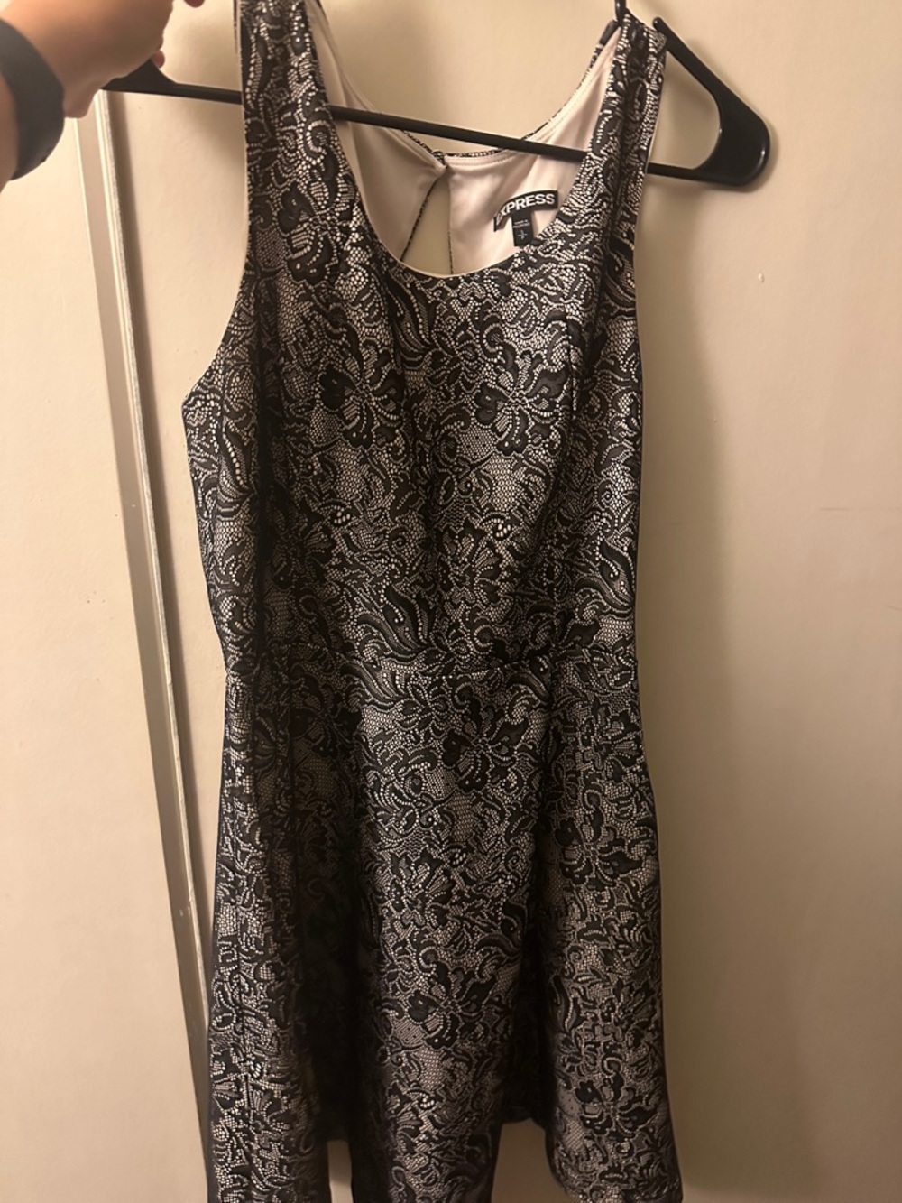Express Black and Silver Jacquard Fit-and-Flare Mini Dress